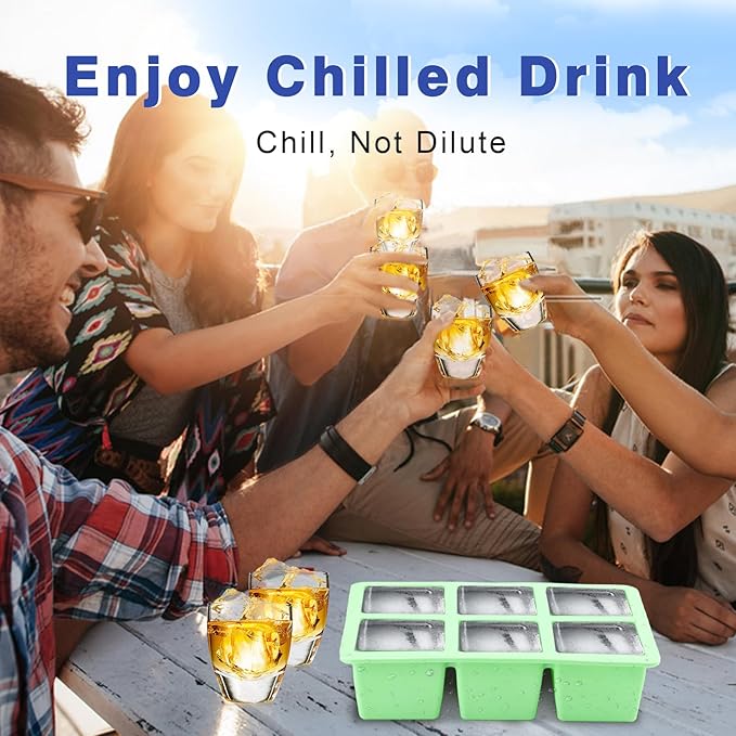 Large Ice Cube Tray for Freezer with Lid, 2Pack Silicone Ice Cube Trays, Big Square Ice Cube Maker for Cocktails, Coffee, Bartender Accessories BPA-Free & Dishwasher (Green)