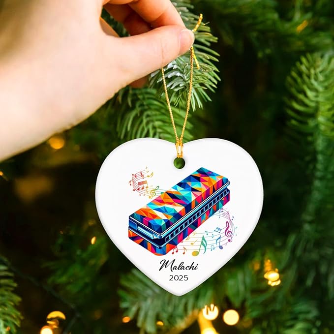 Harmonica Xmas Ceramic Ornaments 2025, Personalized Name & Year Harmonica Musical Ornament Gifts for Music Lovers, Instrumentalist Christmas Ceramic Ornaments Tree, Custom Musician Keepsake Ornament