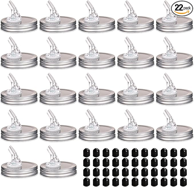 Mason Jar Pour Spouts. free flow Mason Jar Pour Spouts, mason jar for spout regular mouth size 70mm dispenser germination cover. Leak-Proof 22-Pack + 44 Black Lid Caps (22 Pack silver color)