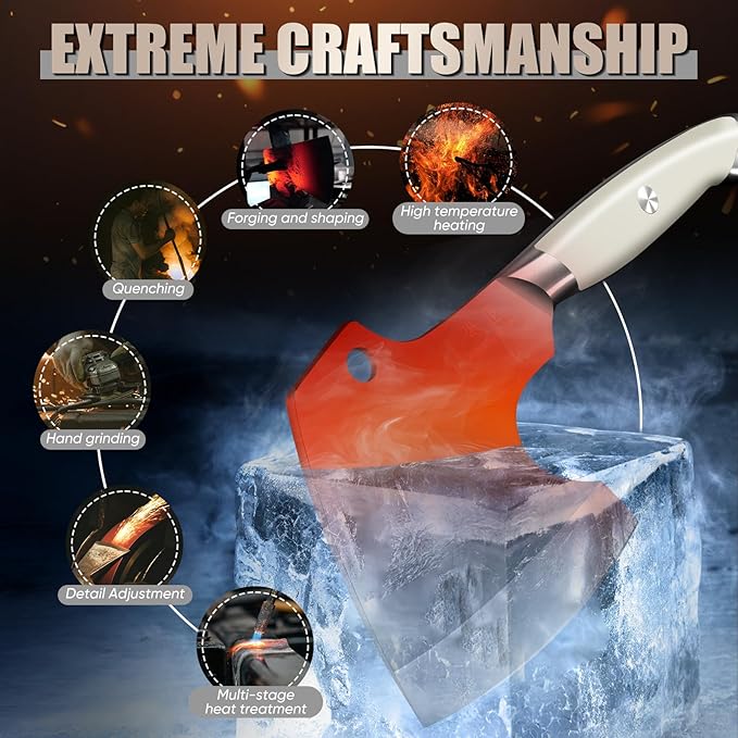 Meat Cleaver Heavy Duty - Bone Chopper, Hand Forged Kitchen Axe with Full Tang Handle, Bone Chopping Knife, Japanese Butcher Knife for Meat Cutting, Kitchen Gift for Men