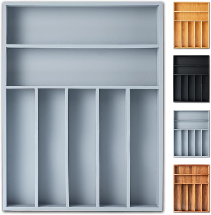 Silverware Organizer, 12.5 Inch Utensil Organizer Kitchen Drawer Organizer Bamboo Silverware Holder Cutlery Tray Organizer in Drawer Flatware Organizer Tray(7 slots, Gray）