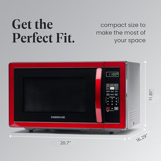 Farberware 1.1 Cu. Ft. Countertop Microwave Oven – 1000 Watts Power, Auto Cook Settings, Defrost, Easy Clean and Child Safety Lock - Metallic Red