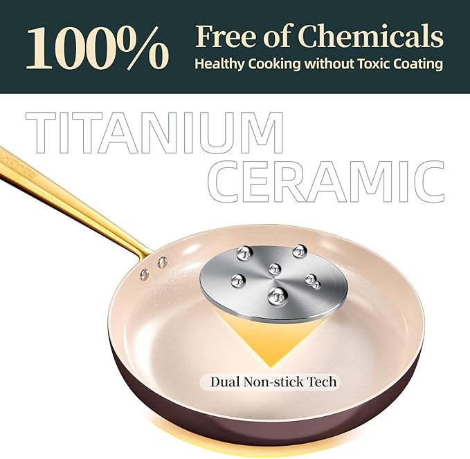 ROYDX Titanium Ceramic Nonstick Fry Pan Set 8", 10" and 12" Frying Pan Skillet Set with Glass Lids-Non Toxic, PTFE & PFOA Free - Oven Dishwasher Safe & Compatible with All Stovetops-Walnut Brown