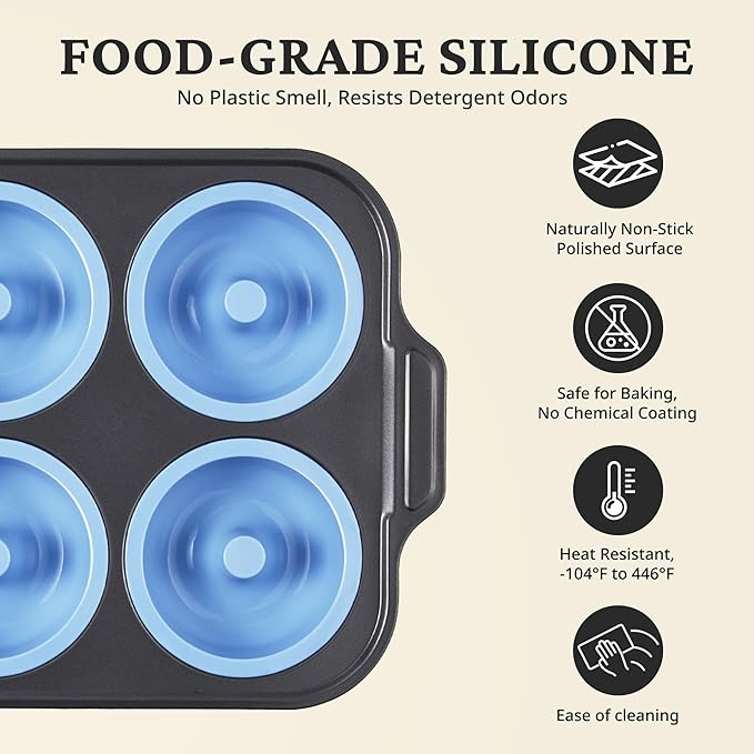 BRONYPRO Silicone Donut Pan for Baking with Metal Frame, 3.35 Inch Large doughnut pan,donut molds for baking Nonstick Non Toxic Bakeware for Oven,Blue