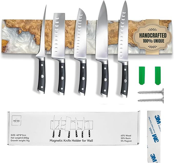 Magnetic Knife Holder for Wall 16 Inch |Premium Wood & White Resin| Epoxy Knife Magnetic Strip, Kitchen Knife Block Holder with Strong Magnet, Space-Saving, Handcrafted Style & Easy to Install