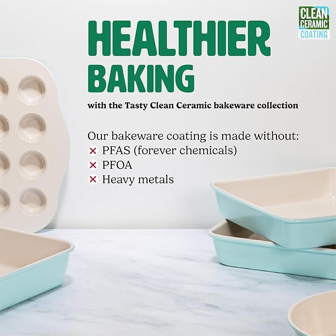 Tasty Clean Ceramic Loaf Pan Set, 2-Pack of 9-Inch x 5-Inch Cake Pans, Durable Aluminized Steel for Professional Results, Clean Ceramic Nonstick Coating, Oven Safe to 425°F, Dishwasher Safe, Aqua