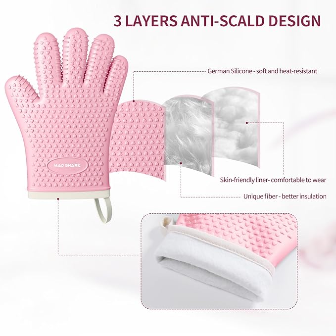 MAD SHARK Silicone Oven Mitts Heat Resistant 450 Degrees,Waterproof & Non-Slip Oven Gloves with Fingers,Cotton Lined Silicone Oven Gloves Kitchen Mitts for Baking Cooking Barbecue,Women (Pink)