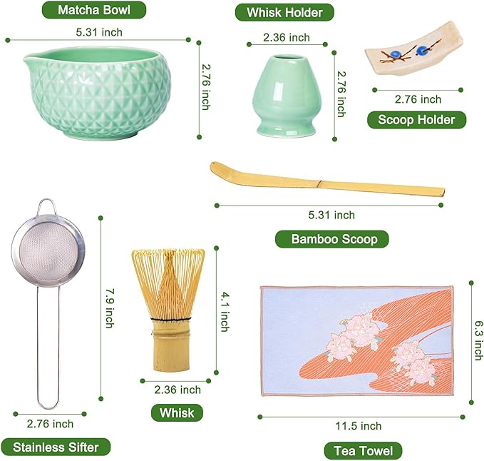 Matcha Whisk Bowl Set, 7PCS All-in-One Japanese Tea Set Includes Matcha Bowl with Spout, Bamboo Whisk (Chasen) with Stand, Scoop, Sifter, Complete Kit for Ceremony, Gift for Matcha Tea Lovers(Green)
