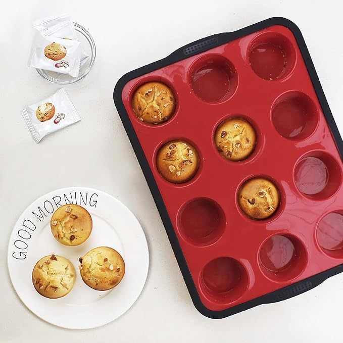 Aichoof Non-Stick Silicone Muffin Pan With Reinforced Stainless Steel Frame Inside,12 Cup Regular Muffin Baking Mold, 12 Cup Muffin Tin, BPA Free,Dishwasher Safe, Red