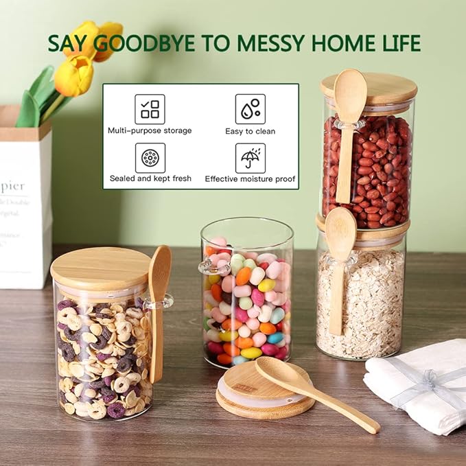 4 Pack Glass Containers with Lids and Spoons, Overnight Oat Container with Lids Glass, Oatmeal Jar with Spoons, Meal Prep Jars for Yogurt, Chia Pudding (Round 4PCS)