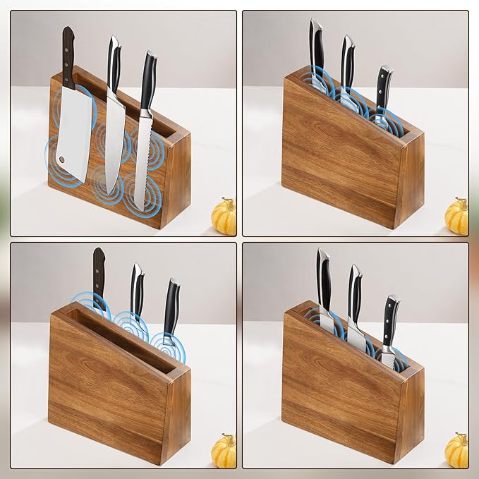 XXXL Magnetic Knife Block 11.8x10 inches, 4-Side Universal Knife Holder Builted in Powerful Magnet, Natural Acacia Wood Knife Storage Organizer for Kitchen Display