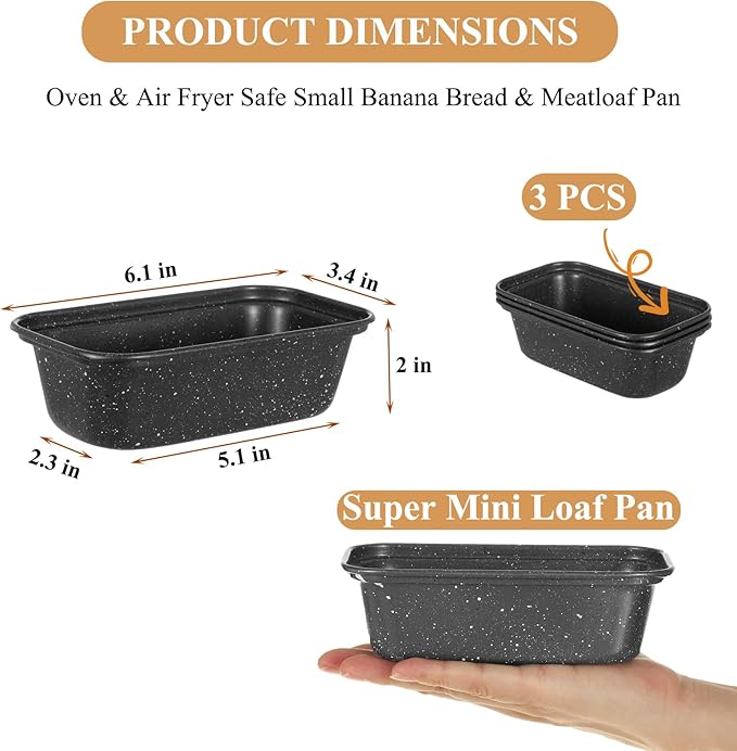 Mini Loaf Pan, 6x3 Inch Nonstick Bread Pans for Baking, Oven & Air Fryer Safe Small Banana Bread & Meatloaf Pan, Carbon Steel Baking Tins for Homemade Bread (Mini Loaf Pan(3-pack))