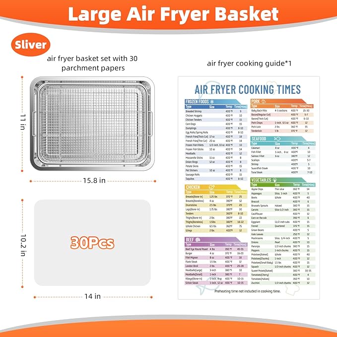 Air Fryer Tray for Oven, Oven Air Fryer Basket and Tray with Cooking Guide and 30 PCS Parchment Papers, DEGOVIN Crisper Non-stick Stainless Steel Air Fry Pan for Convection Oven(15.8" × 11")
