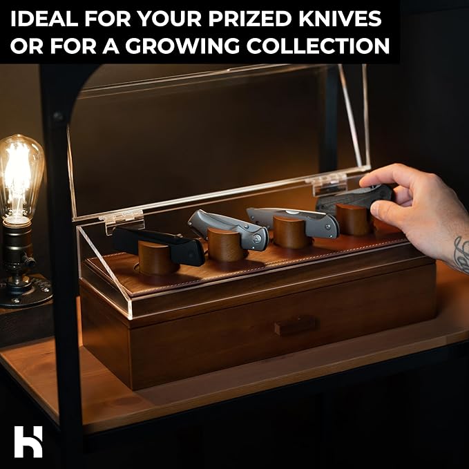 Premium Pocket Knife Display Case for 10 Knives - Wooden Knife Organizer, Storage & Holder with Unique Pillars, Hinged Cover, Drawer - Knife Collection Box - Handcrafted for Men