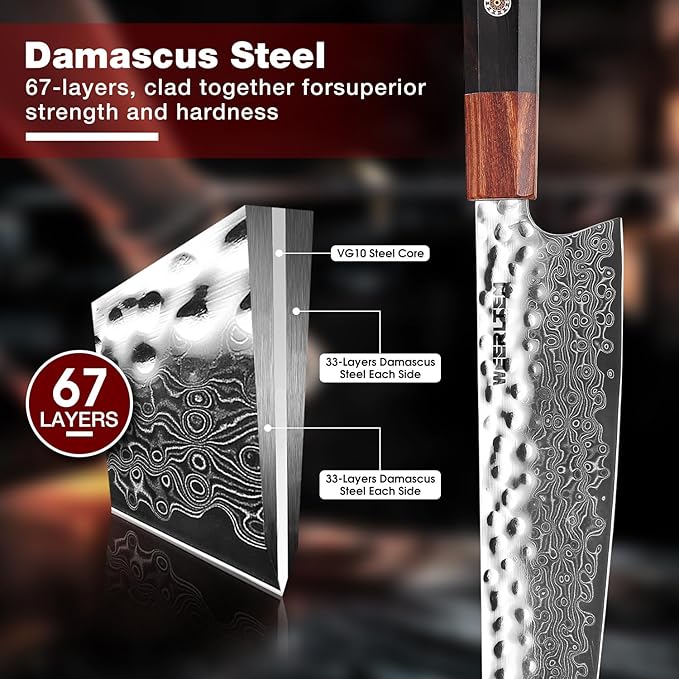 Kiritsuke Chef Knife,Upgraded 8 Inch Professional 67-Layer VG10 Damascus Japanese Chef Knife,Ultra Sharp Hammered Damascus Kitchen Knives with Octagonal Red Sandalwood Handle & Gift Box