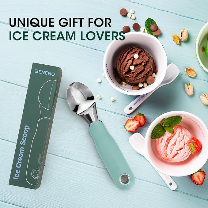 Beneno Heavy Duty Ice Cream Scoop - Upgraded Anti-Fracture Design, Comfortable Grip Long Handle, Effortless Scooping & Dishwasher Safe, Mint
