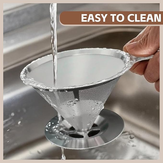 Pour Over Coffee Dripper Stainless Steel Coffee Filter Metal Cone Filter Extra Fine Wire Mesh Reusable Coffee Filter Coffee Maker (Silver, 1-2 Cups)