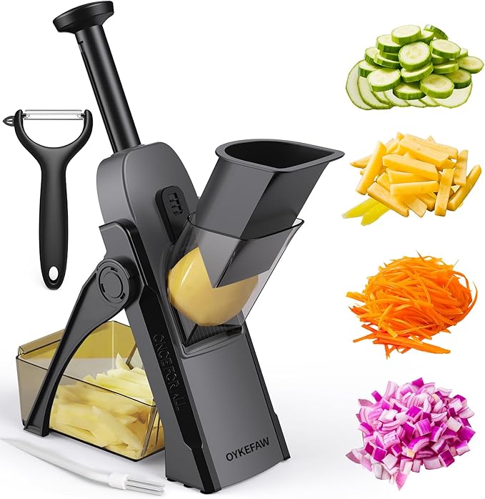 Safe Mandoline Slicer for Kitchen, 5 in 1 Vegetable Chopper, French Fry Cutter For Potatoes, Potato Slicer,Food Chopper,Adjustable Thickness 0.1-8 mm, With Peeler/Cleaning Brush（(BlackKnight)