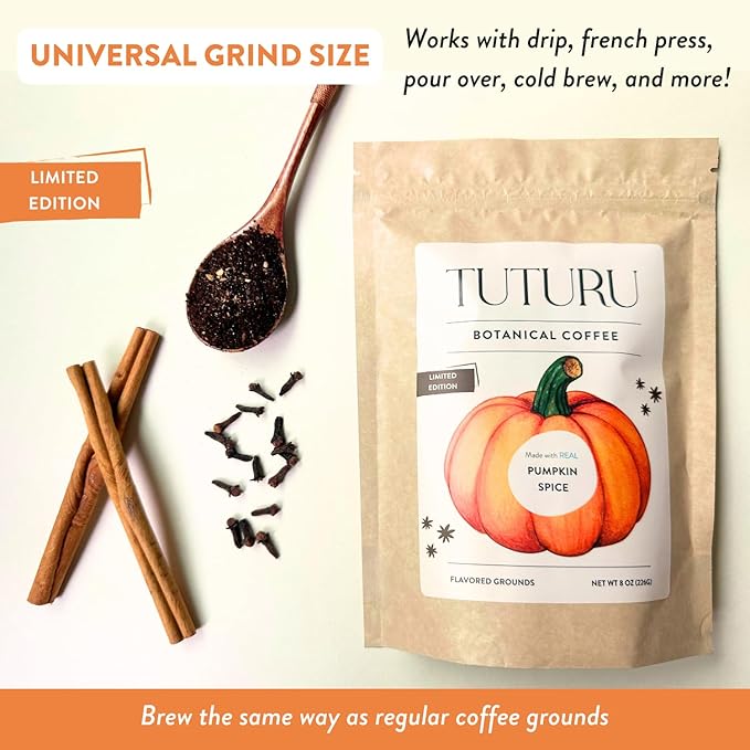 Organic Pumpkin Spice Ground Coffee | Real Pumpkin Spices | Medium Roast, Flavored Coffee | Smooth Low-Acid | Perfect for Drip, Pour Over or Cold Brew | 8 oz, 22 Servings