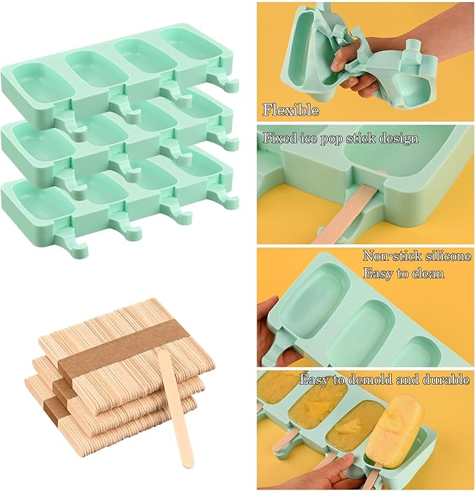 Sakolla Large Silicone Popsicle Molds Set of 3, Oval 4 Cavities Homemade Ice Pop Molds with 150 Wooden Sticks for Ice Cream, Cakesicles, Cake Pop (Green)