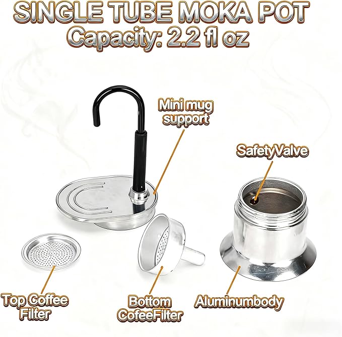 Mini Italian Mocha Coffee Maker, Single Cup, 50ml Capacity, Portable Outdoor Coffee Pot, Black Handle, Silver Base