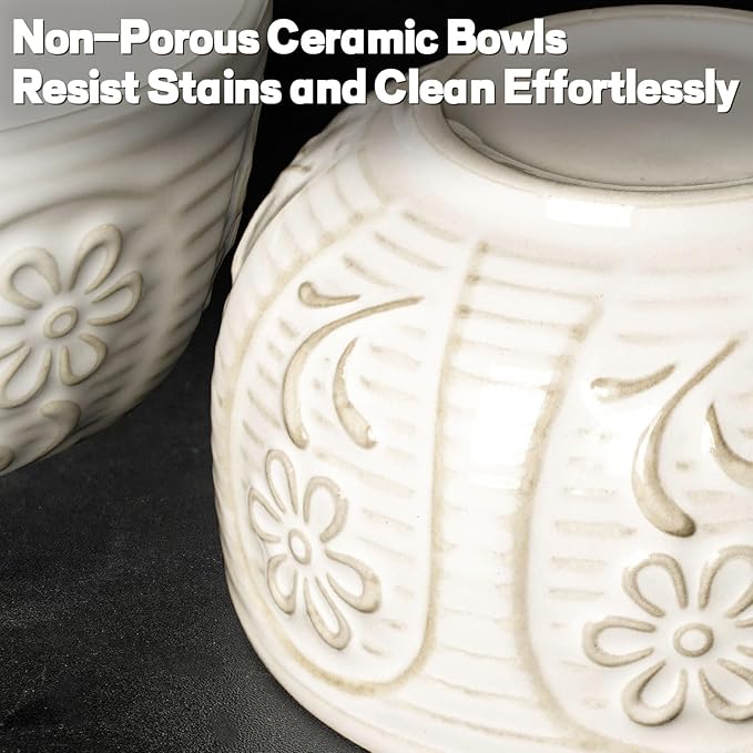 Artena Small Bowls Set of 4, 12 oz Ceramic Embossment Dessert Bowls, white Bowl for Kitchen, Ice Cream, Side Dishes, Rice, Cereal, Fruit, 4.5 Inch, Microwave & Dishwasher Safe, Pinwheel Flower