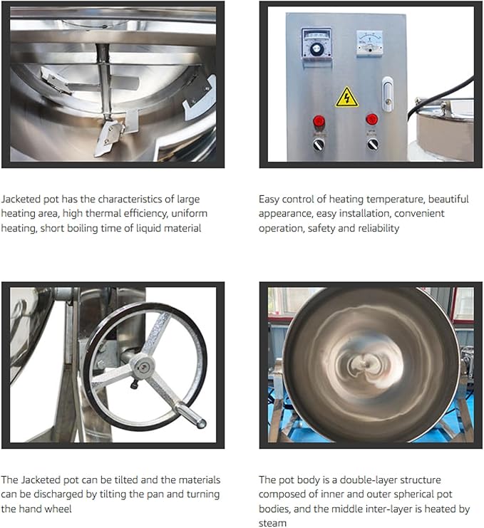 26.5Gallon/100L Jacketed Kettle Large Electronic Tilting Sugar Jam Gas Boiling Machine Commercial Electric Jacketed Pot with Stirring and Edge Scraping 220V 60HZ Three-phase 1100W