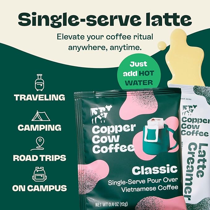 Copper Cow Premium Vietnamese Coffee Variety Pack (15 Coffees & 15 Creamers)| Classic Black, Vanilla, & Salted Caramel Latte | Pour Over Single-Serve Lattes, No Refrigeration Needed, Travel Friendly