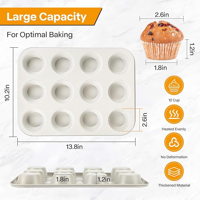 2-Pack Healthy Baking Cupcake Pan| Non Stick 12-Cup Muffin Pan | Durable & Easy Clean Muffin Tin | Perfect for Cupcakes, Muffins (Beige)