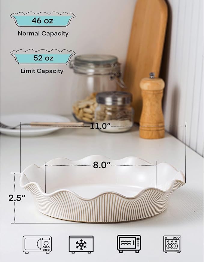 Ceramic Deep Pie Pan for Baking, 11 inch Porcelain Pie Dish for Apple Pie, Oven & Dishwasher Safe, Farmhouse Decor, 48 Ounce Deep Plate for Kitchen, Non-Stick Pie Pans, Off-White
