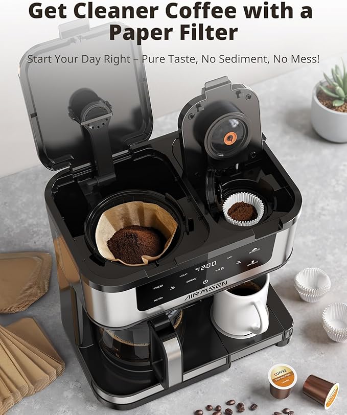 AIRMSEN 12-Cup Programmable Coffee Maker – Single Serve Machine for K-Cup Pods & Ground, 1000W Fast Brew, Delay Start, 2H Keep Warm, Touchscreen, 60oz Tank, Glass Carafe – Home & Office