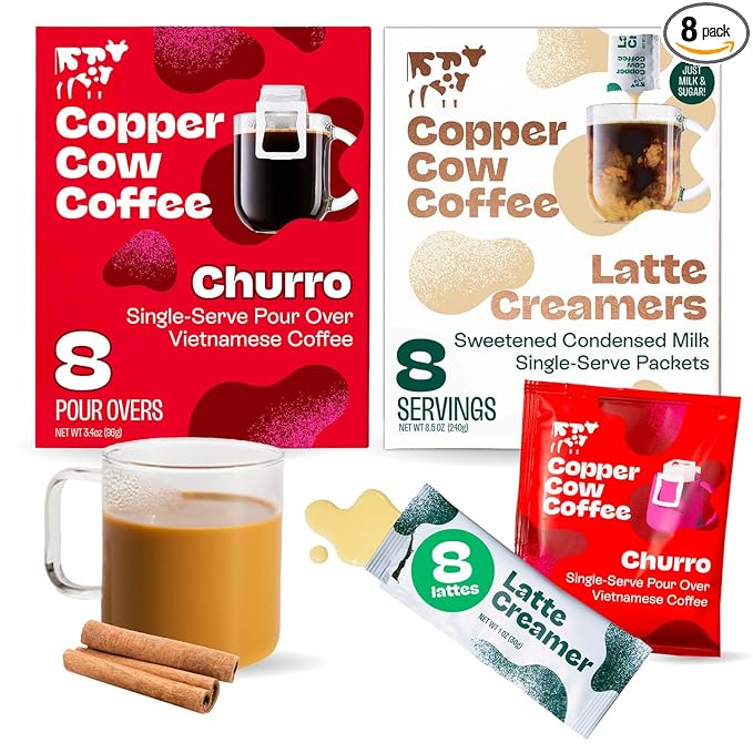 Copper Cow Coffee Pour Over Vietnamese Coffee Pouches + Sweetened Condensed Milk Creamers (8 Coffees & 8 Milk Creamers) | Churro Lattes, No Refrigeration Needed, Travel Friendly