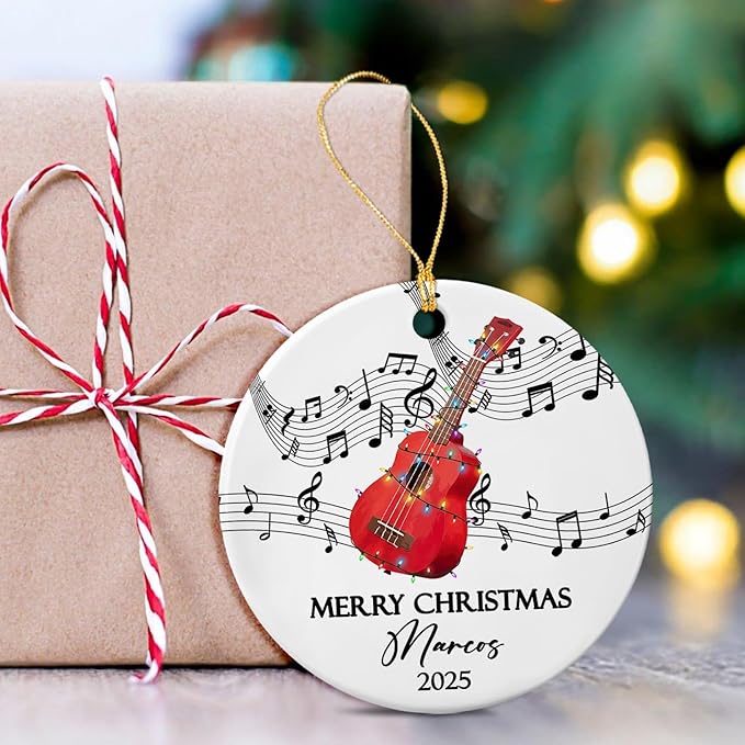 Custom Ukulele Musical Ceramic Xmas Tree Ornament with Name Text Year, Personalized Ukulele Instrument Ornaments Gift for Women Men Friends Husband Wife, Ukulelist Ukuleles Ceramic Christmas Ornament