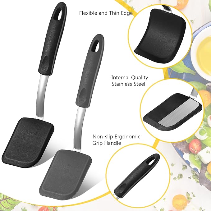 Silicone Cookie Spatula Turner 2 Pack Mini Brownie Spatula Flexible Kitchen Small Silicone Turner for Nonstick Cookware Heat Resistant No Scratch Flipper for Egg Pancake(Black, Grey)