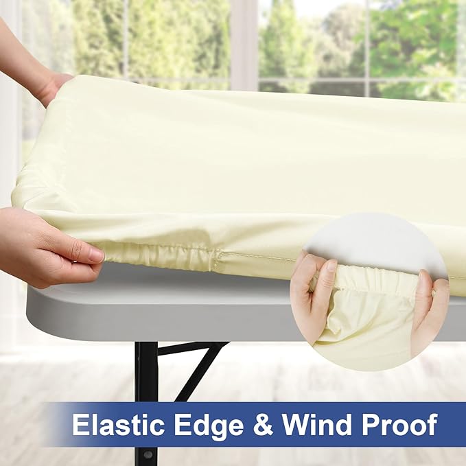 homing Rectangle Table Cloth Cover, Waterproof Polyester Elastic Fitted Tablecloth, Fits for 8 Foot Folding Tables, Washable Table Protector for Picnic, Camping, Outdoor (Cream Yellow, 30" x 96")