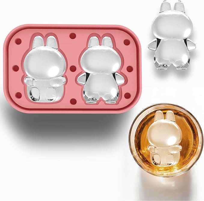 3D Rabbit Shapes Ice Cube Mold Silicone Large Ice Cube Molds 2.5 inch Animal Ice Cube Tray for Cocktails, Bourbon,Brandy, Whiskey Gifts for Men (Pink)