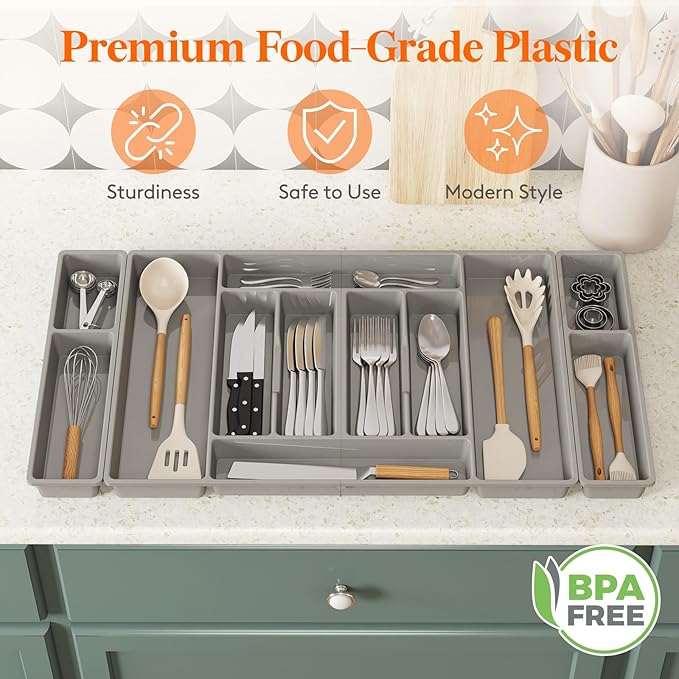 Lifewit Silverware Organizer, Plastic Kitchen Utensil Drawer Tray, Cutlery Flatware Storage Holder for Spoons Forks Knives, 32 x 16 Inches, 12 Compartment, Gray