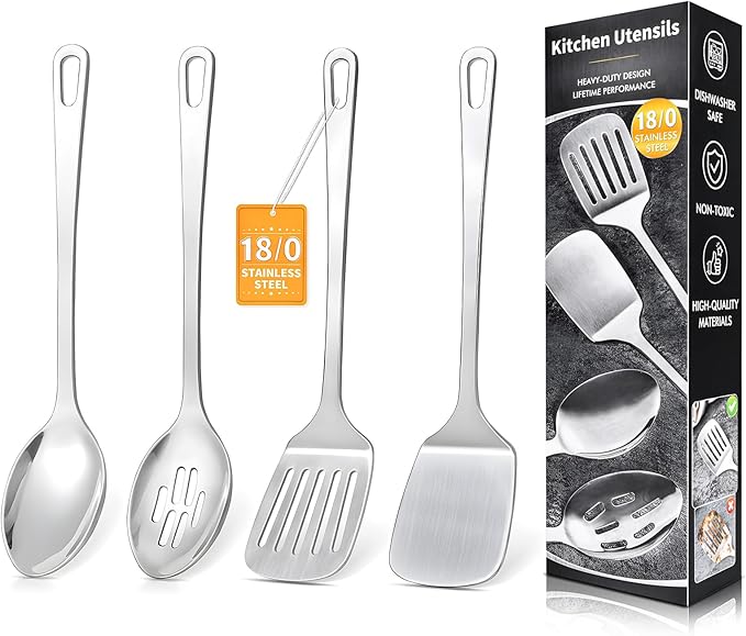 4 Pcs Cooking Utensils Set, Stainless Steel Kitchen Utensils, Heat Resistant Metal Kitchen Tools Include Solid & Slotted Turner Wok Spatula, Serving Spoon, Ergonomic Handle, Easy to Clean, Silver