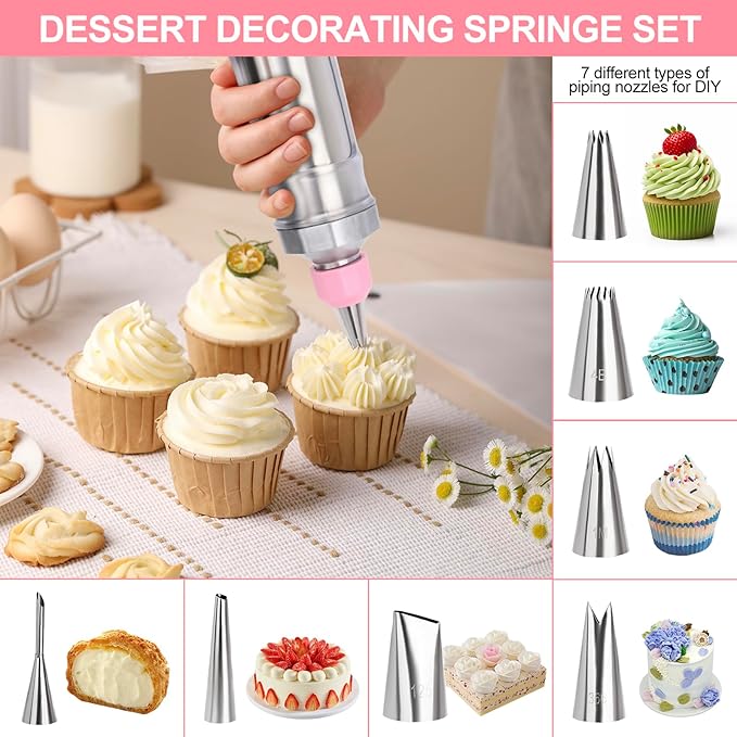 FACIACC Dessert Decorating Syringe Set, Stainless Frosting Piping Kit with 7 Piping Tips & 7 Silicone Cupcakes, Dessert Making Tools for Baking Cupcakes, Cookies & Pastries