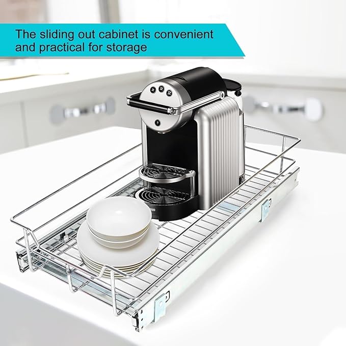 Pull Out Cabinet Organizer 9" W X 17" D, Slide Out Drawers For Kitchen Organizers and Storage, Pull Out Drawers For Cabinets Capacity Heavy Duty Caddy, Cabinet Shelves Chrome-Plated, Bathroom Pantry