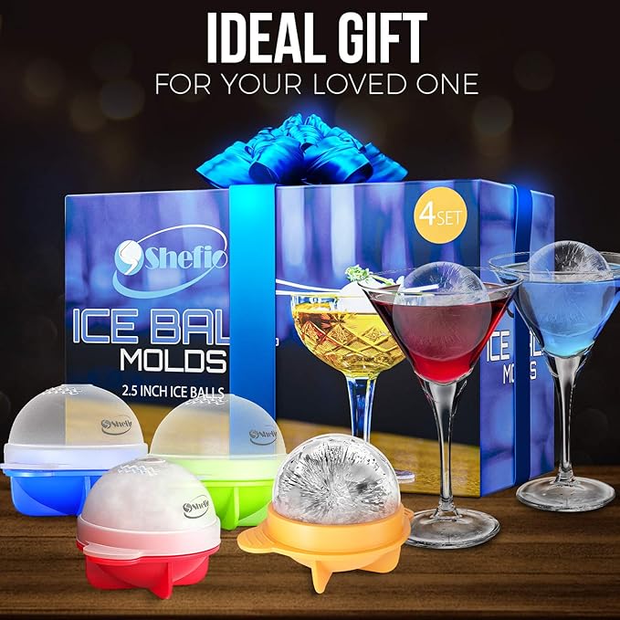 Large Round Ice Cube Mold - Shefio Ice Ball Mold - Set Of 4 Multicolor 2.5 Inch Tight Sealing, Leak Proof Silicone - For Cocktails & Spirits - Ice Ball Mold