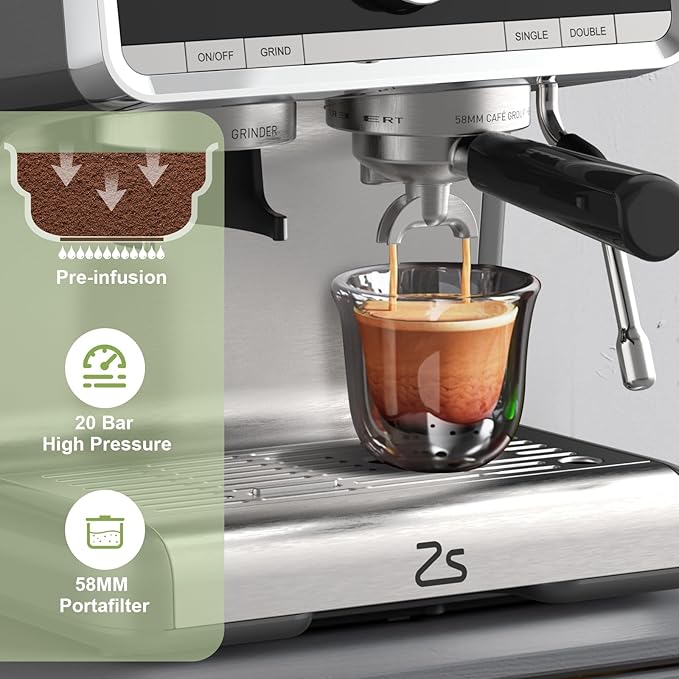 Garvee Espresso Machine With Grinder, 20 Bar Professional Coffee Maker With Milk Frother Steam Wand for Cappuccino, Latte, Macchiato, 95 oz Removable Water Tank, Smart PID Temperature Control