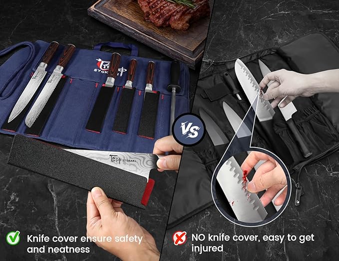 14pcs Chef Knife Set with Roll Bag, Professional Stainless Steel Japanese Knife Set with Pakkawood Handle for Professional Chef, Camping, Travel, BBQ, RV or Gift Blue