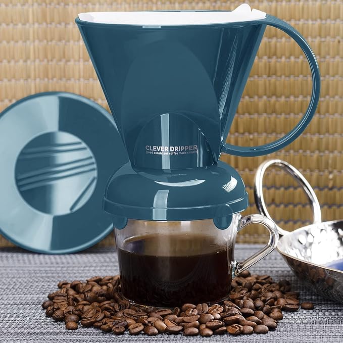 Clever Coffee Dripper and Filters, Large 18 oz| Barista's Choice| Safe BPA Free Plastic|Includes 100 Filters (Peacock Blue)
