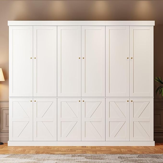 70.8" Tall Farmhouse Kitchen Pantry Cabinet with Doors, Modular Storage Cabinet with 4-Tier Adjustable Shelves, White, Wooden Hutch for Kitchen, Living Room, Set of 2