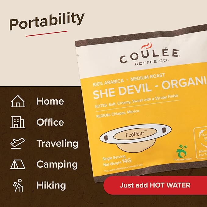 Coulée EcoPour She Devil Coffee, Single Serve Pour Over Arabic Coffee, Medium Roast, Use for Camping or Traveling, Pre Filled Compostable Filters, Ready to Brew with Hot Water, 20 Pack