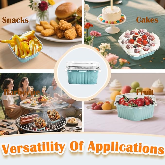 50 Pcs Mini Square Baking Cups with Lids,5oz Aluminum Foil Mini Cake Pans with Lids,Disposable Ramekins Cake Pans,150ml Dessert Cups Cupcake Pans for Wedding Birthday Party,Blue