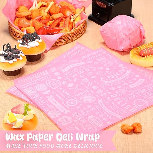 Outus 600 Pcs 12 x 12 Inch Deli Wax Paper Sheets Grease Resistant Tray Basket Liners Newsprint Paper Water and Grease Proof Sandwich Wrapping Square Hot Dog Wrappers for Food Baking (Pink)