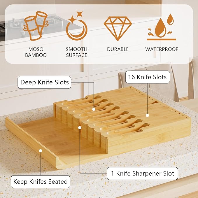 Domax Bamboo In-drawer Knife Block - Knife Drawer Organizer Insert Large Handle Steak Knife Holder, Kitchen Drawer Knife Organizer Fits for 16 knives and 1 Sharpening Steel (Not Included), Natural