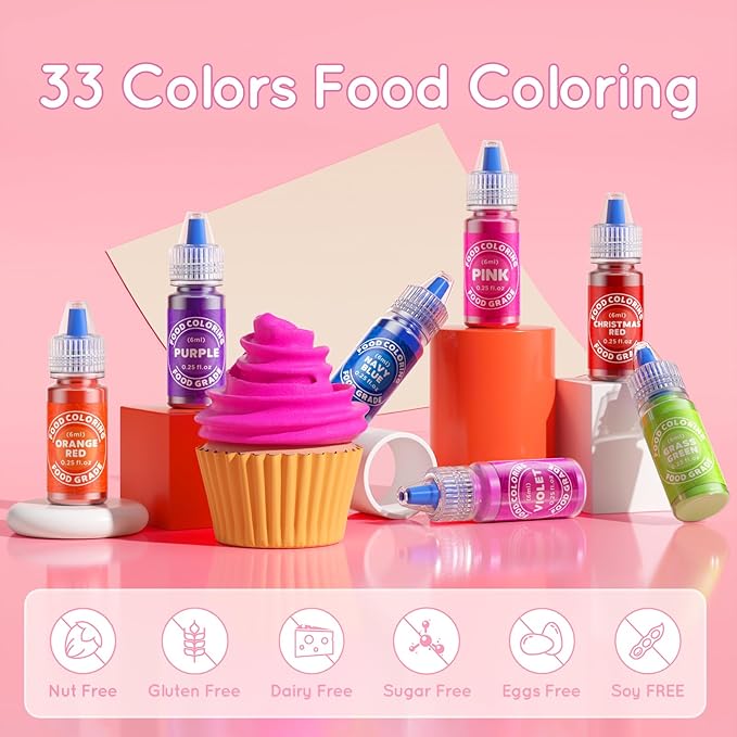 Food Coloring - 33 Food Grade Vibrant Colors Food Coloring Liquid Set, Food Dye Color for Baking, Icing, Cookie, Cake Decorating, Easter Egg, DIY Making Supplies Kit (0.25 Fl Oz (Pack of 33))